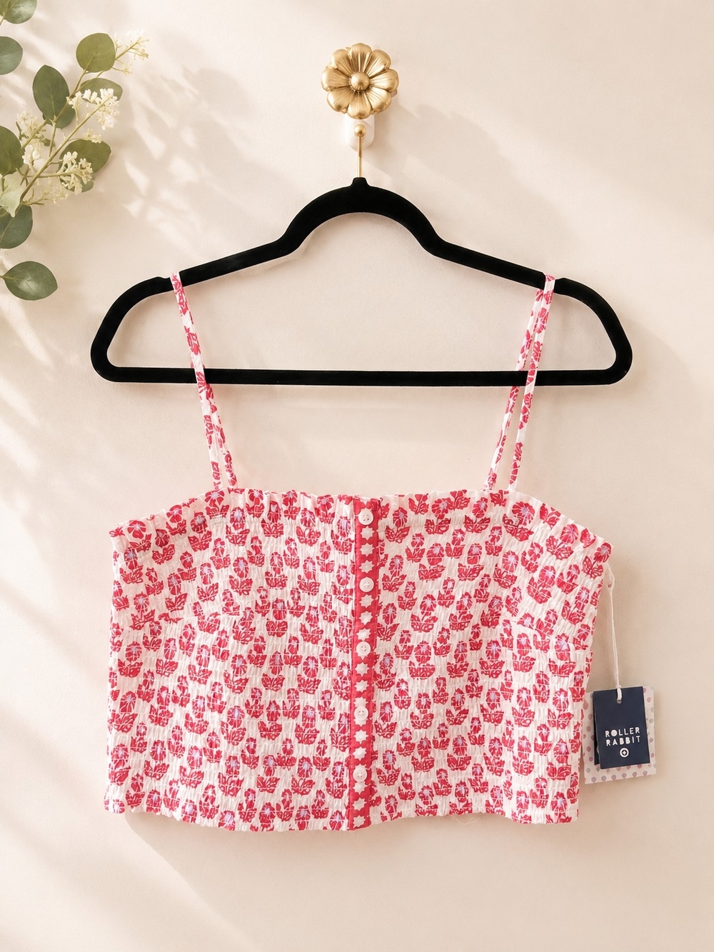 Roller Rabbit Pink Floral Smocked Crop Camisole Size L